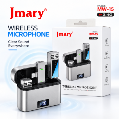 Jmary MW-15 2.4G Dual Wireless Lavalier Microphone – Type-C Plug & Play Mic with 48H Battery Charging Case, 20M Range & Low Latency for Mobile Vlogging & Interviews